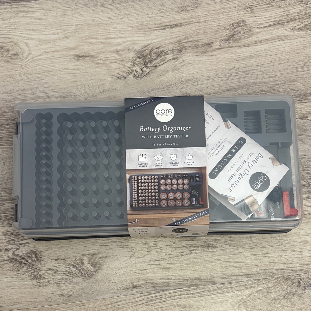 NWT - Core Home Battery Organizer with Tester 116pc 14.5" x 7" x 3" Clear Cover